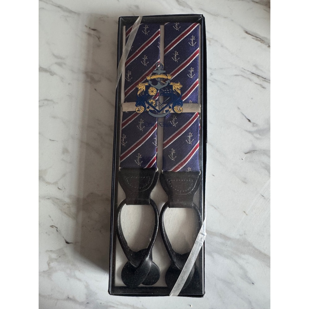 Vintage Sir Drake Made in England Nautical Anchor Button Suspenders Leather Ends